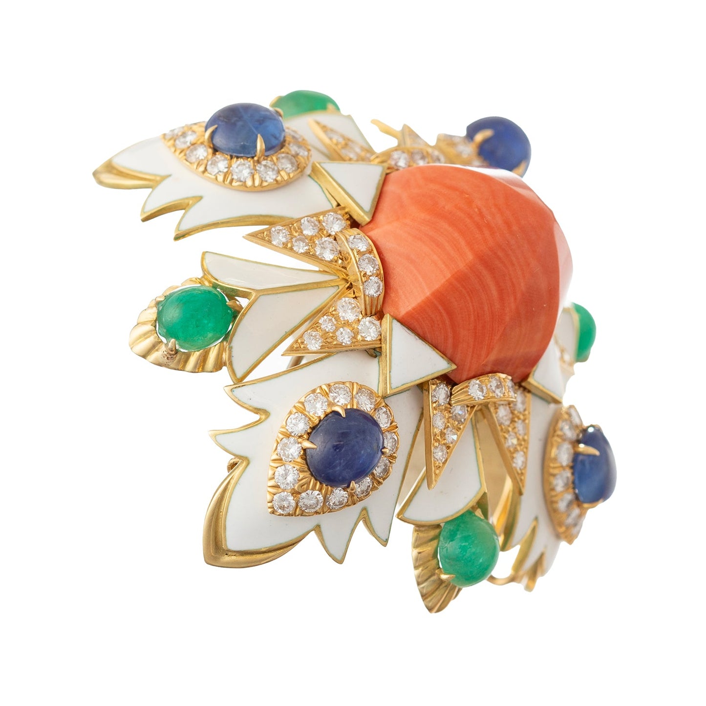 David Webb - Coral Emerald Sapphire Diamond Pendant Brooch