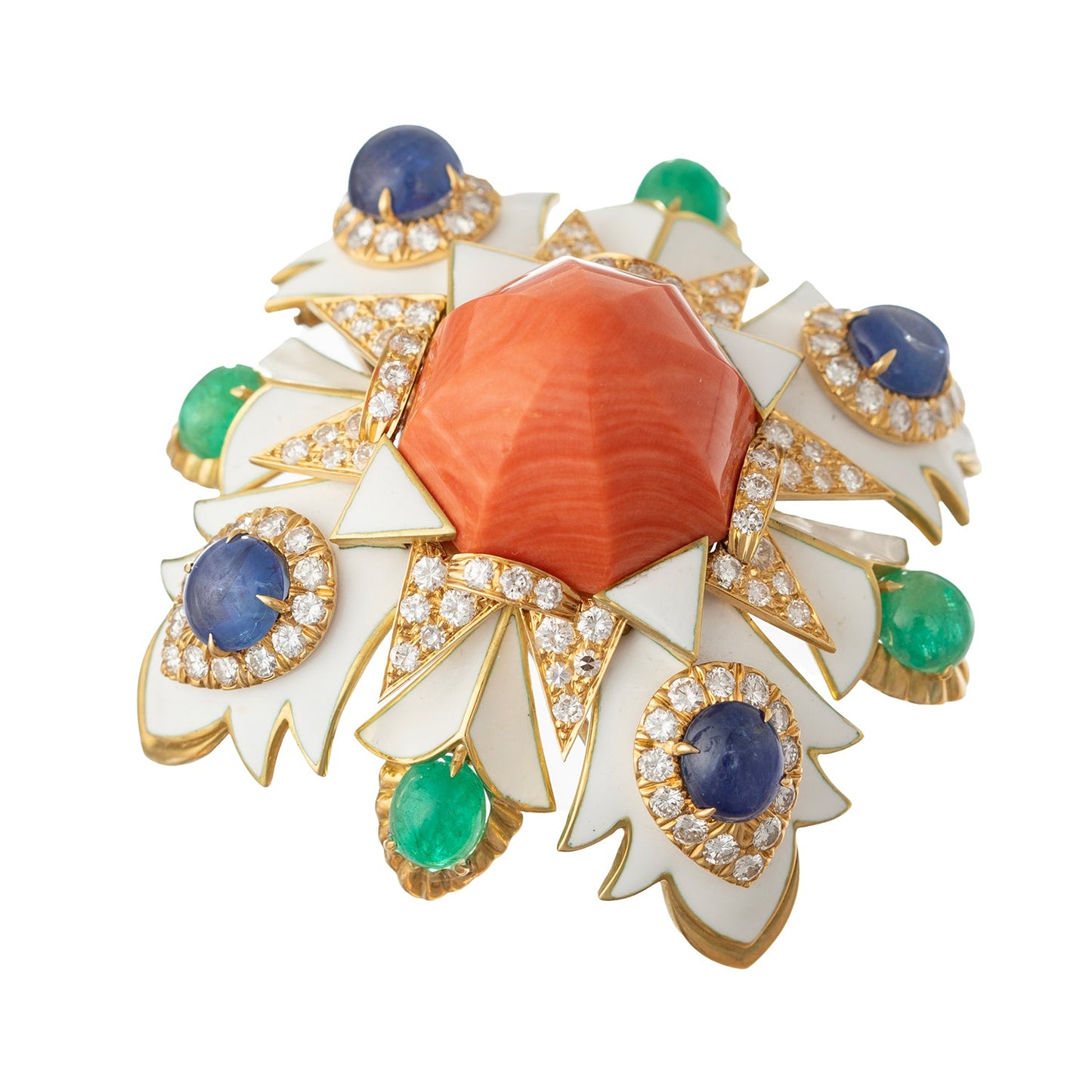 David Webb - Coral Emerald Sapphire Diamond Pendant Brooch