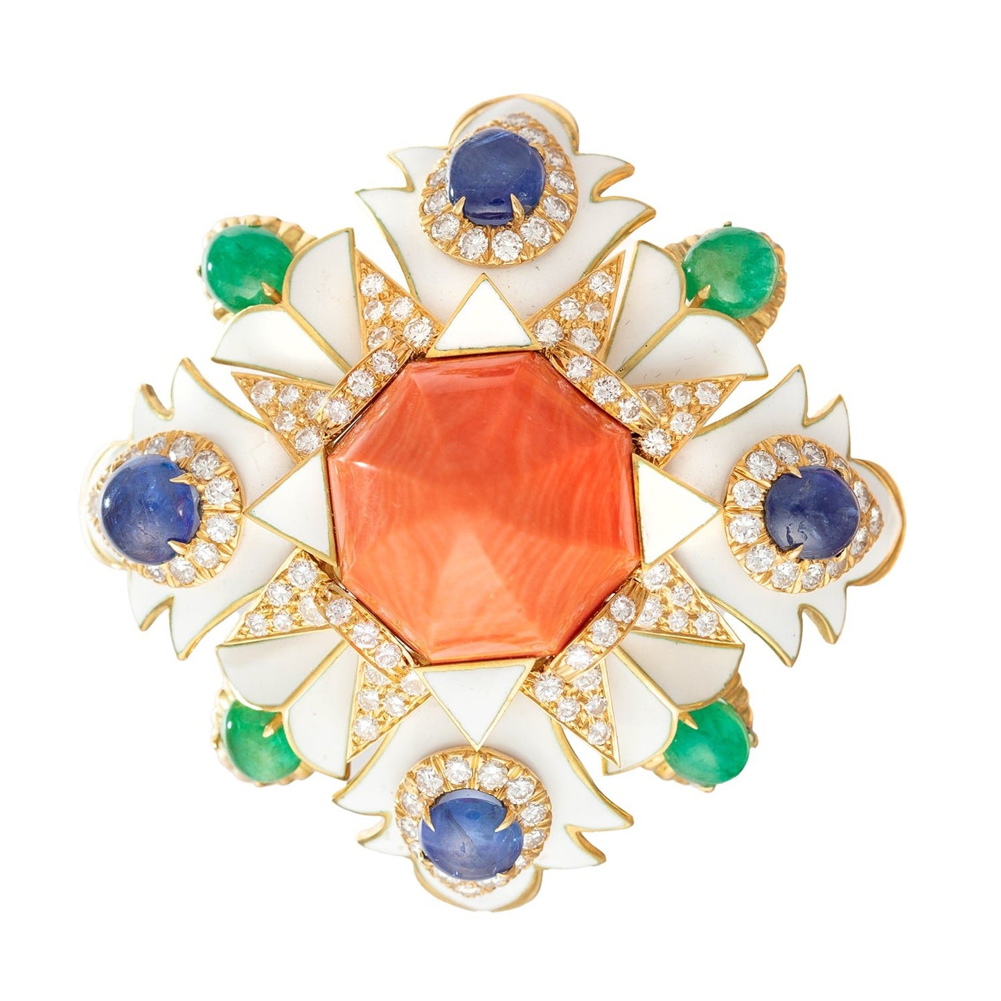 David Webb - Coral Emerald Sapphire Diamond Pendant Brooch