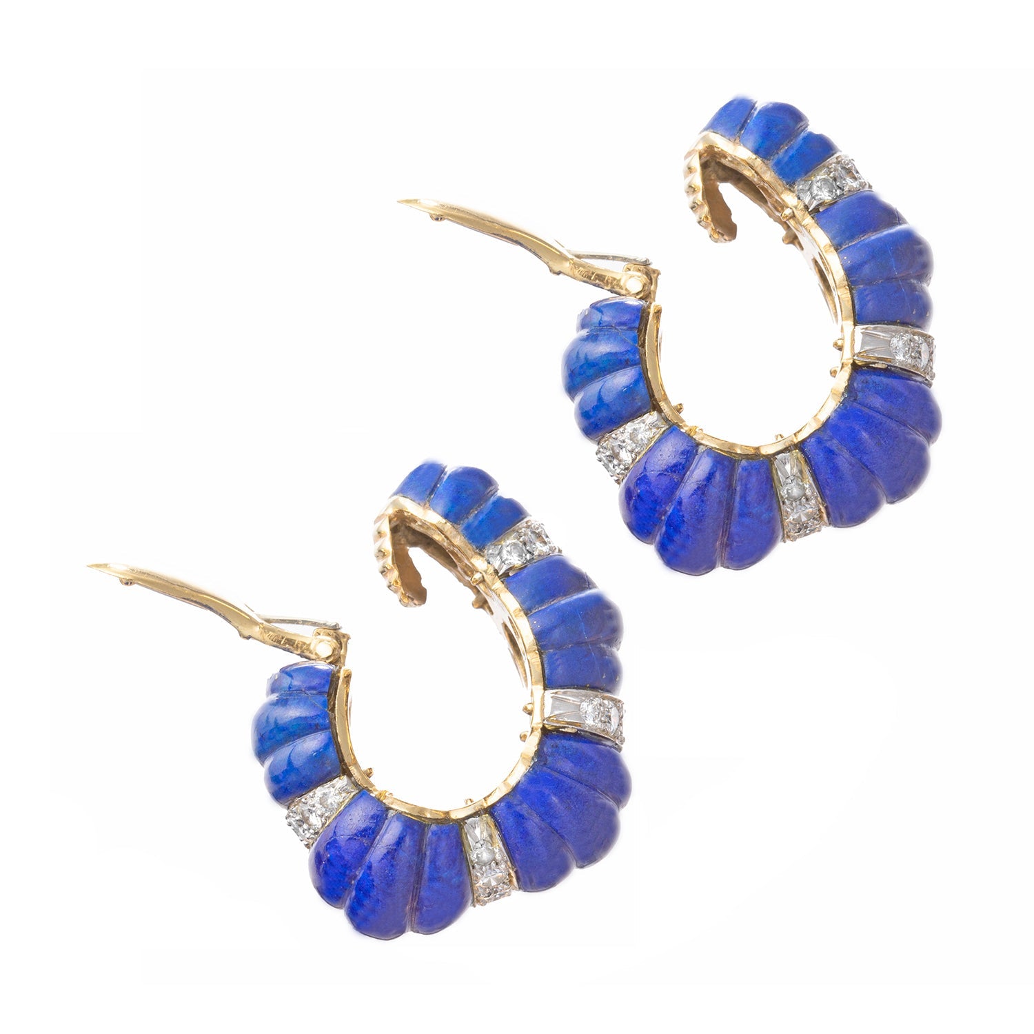 David Webb - Fluted Lapis Lazuli Diamond Half - Hoop Earrings