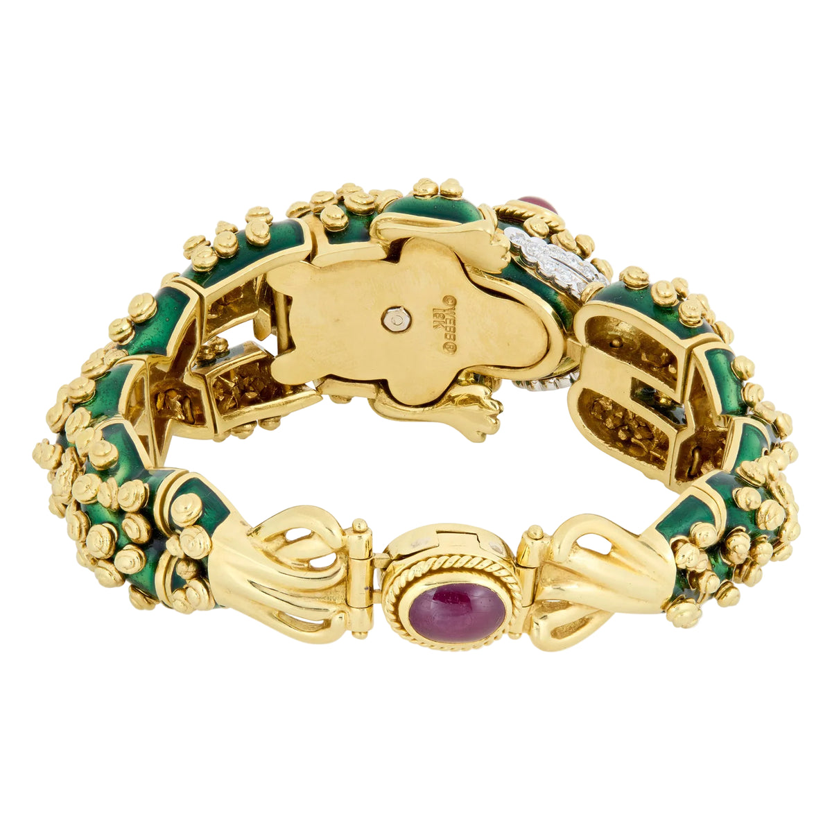 18k Yellow Gold Green Enamel Ruby Diamond Frog Bracelet