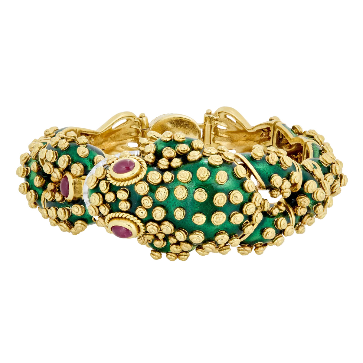 18k Yellow Gold Green Enamel Ruby Diamond Frog Bracelet