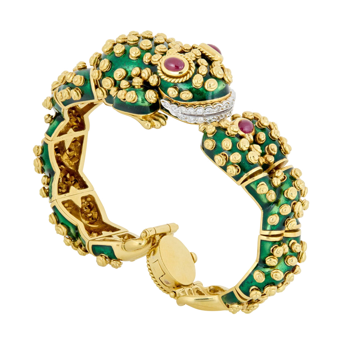 18k Yellow Gold Green Enamel Ruby Diamond Frog Bracelet
