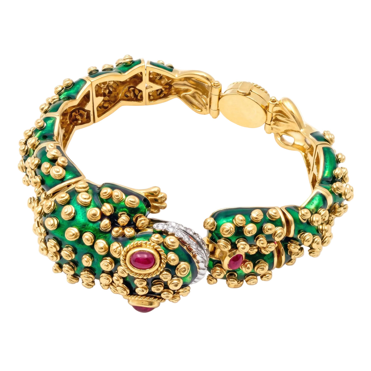 18k Yellow Gold Green Enamel Ruby Diamond Frog Bracelet