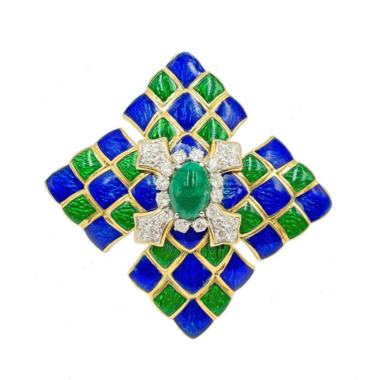 David Webb - Green & Blue Enamel Emerald Diamond Pendant Brooch