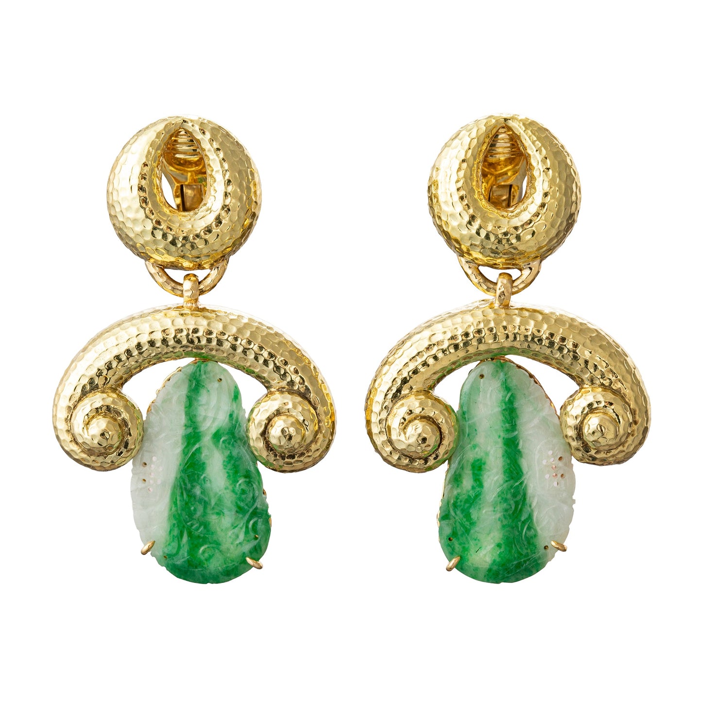 David Webb - Hammered 18k Yellow Gold Jade Drop Earrings