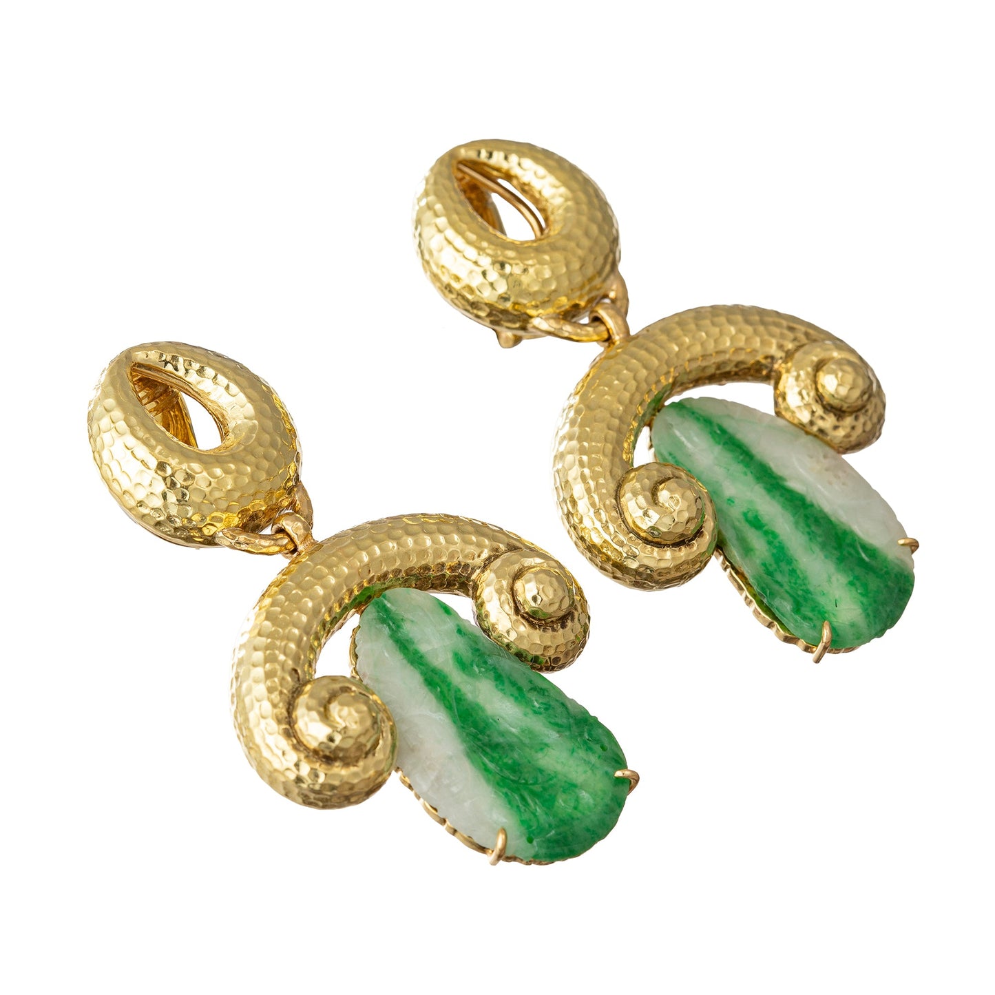 David Webb - Hammered 18k Yellow Gold Jade Drop Earrings