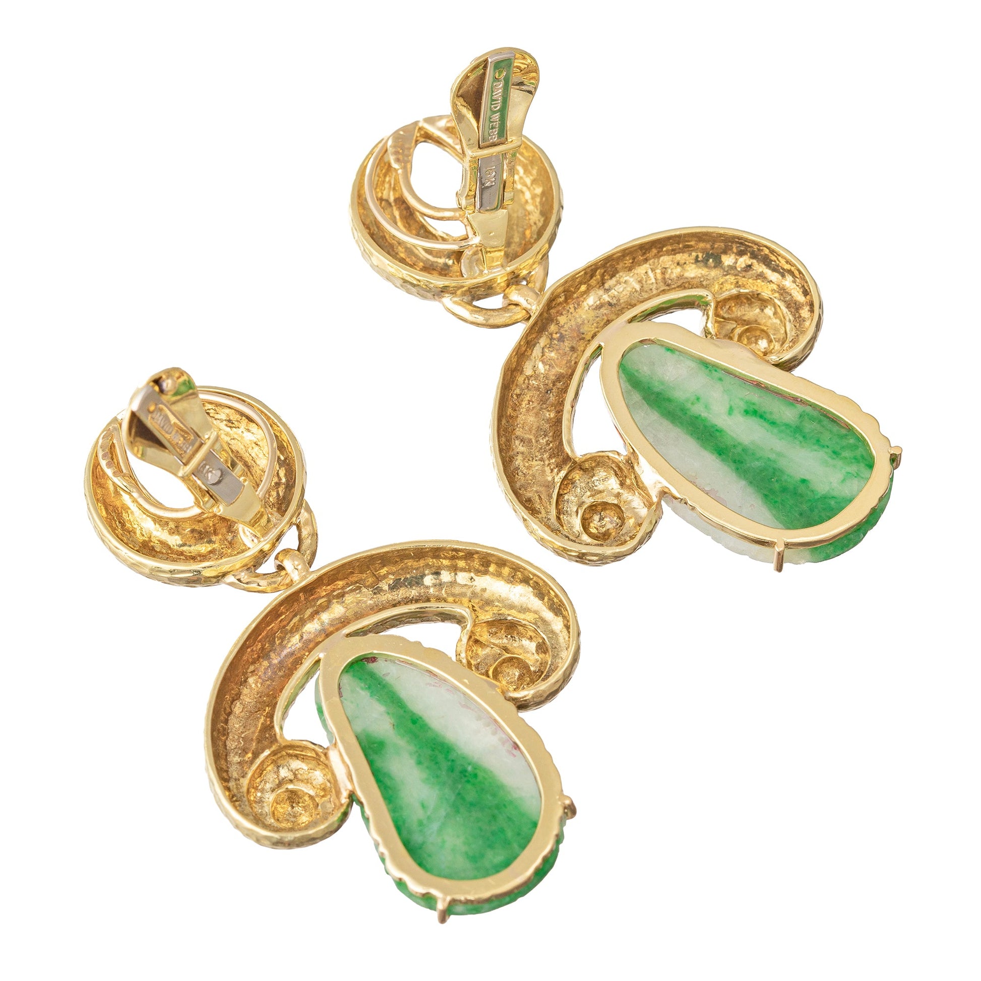 David Webb - Hammered 18k Yellow Gold Jade Drop Earrings