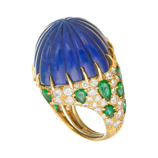 David Webb - Lapis Emerald Diamond Cocktail Ring