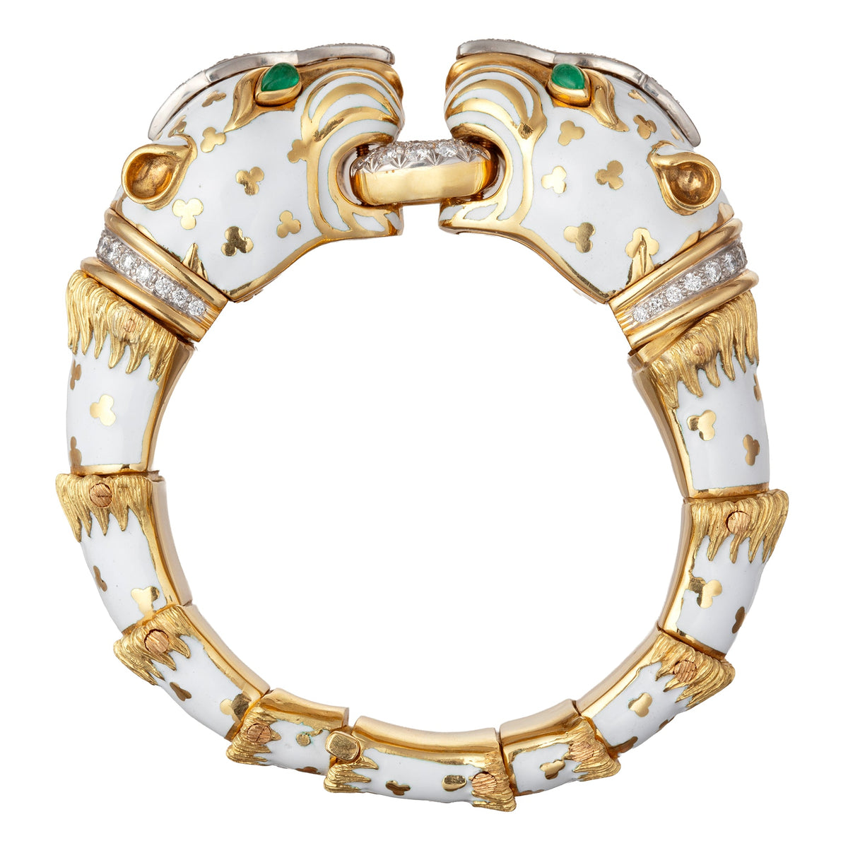 David Webb - Platinum & 18K Yellow Gold Double Head Tiger White Enamel Bracelet