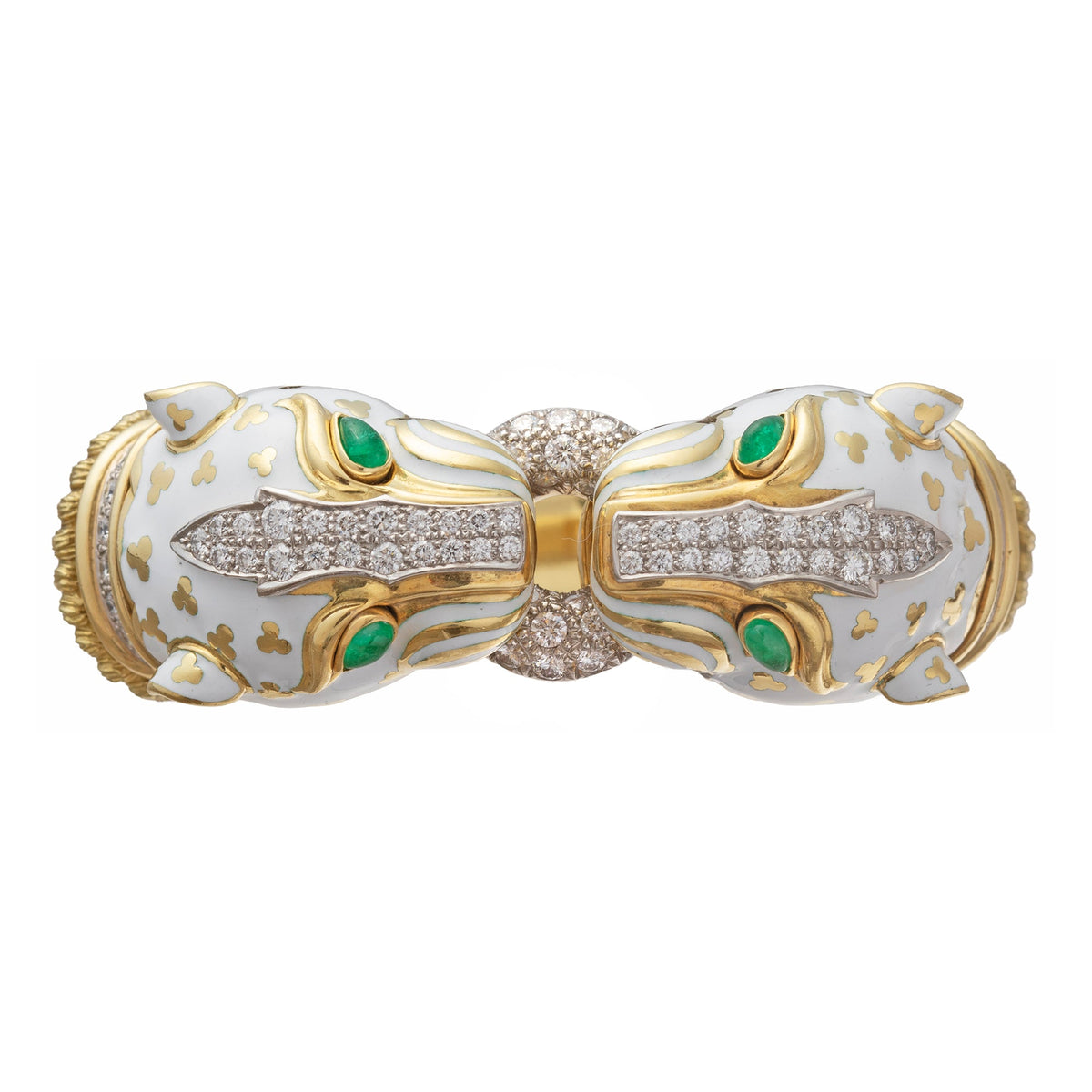 David Webb - Platinum & 18K Yellow Gold Double Head Tiger White Enamel Bracelet