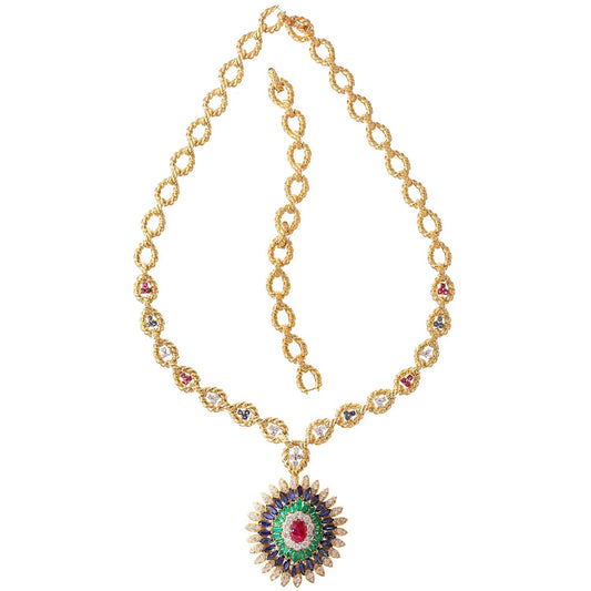 David Webb - Ruby Emerald Sapphire Diamond Pendant Necklace