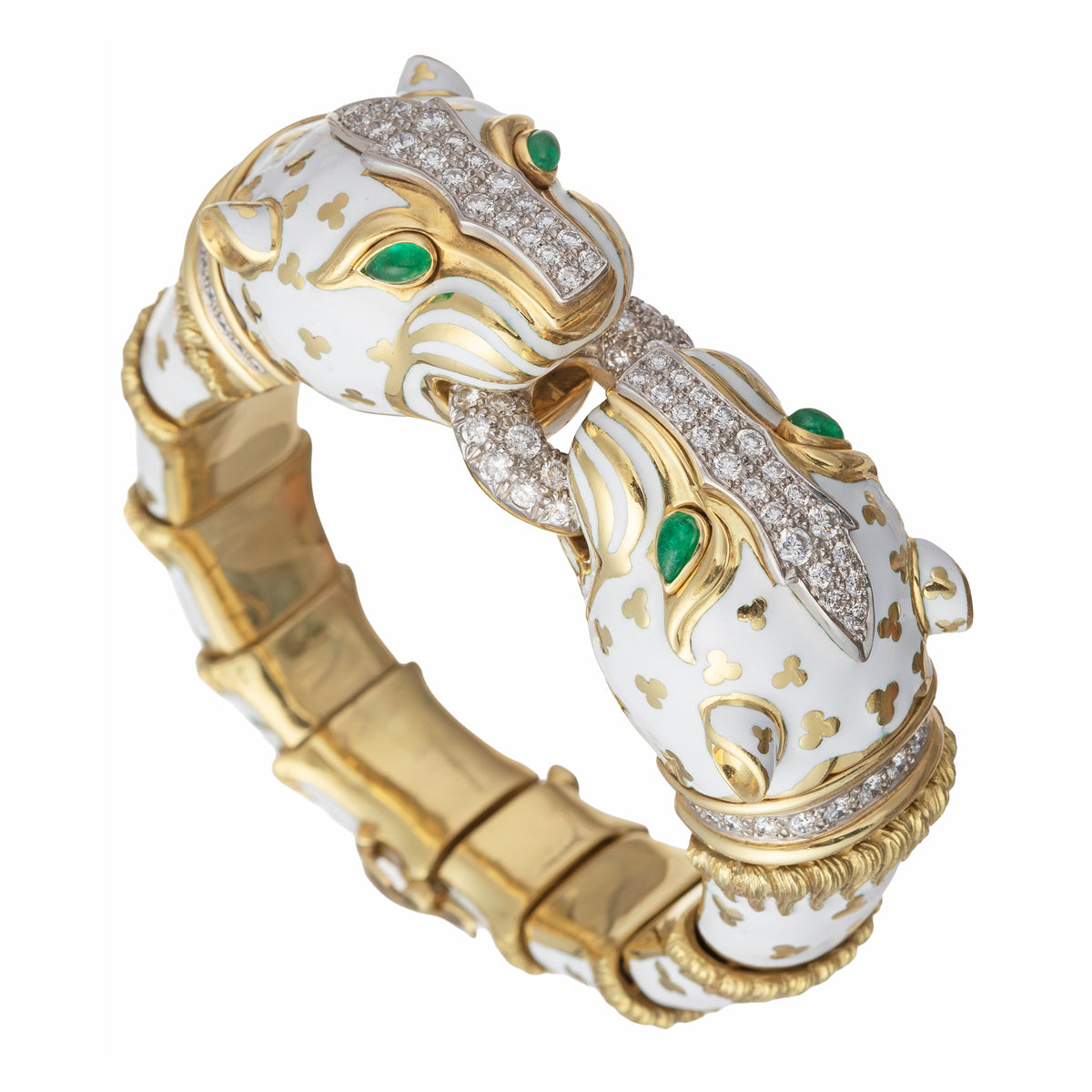 Platinum & 18K Yellow Gold Double Head Tiger White Enamel Bracelet