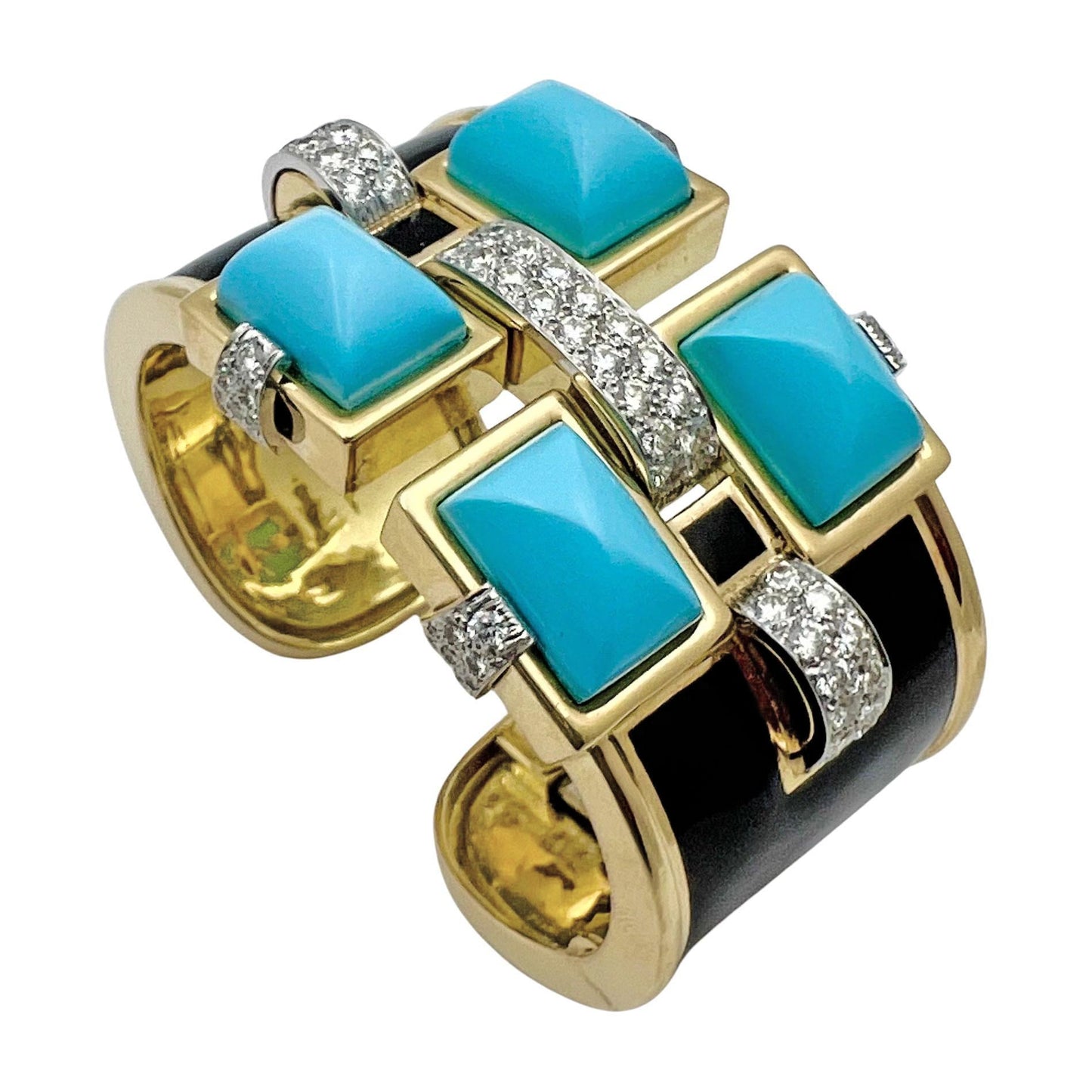 David Webb - Turquoise Diamond Black Enamel Bastille Cuff Bracelet
