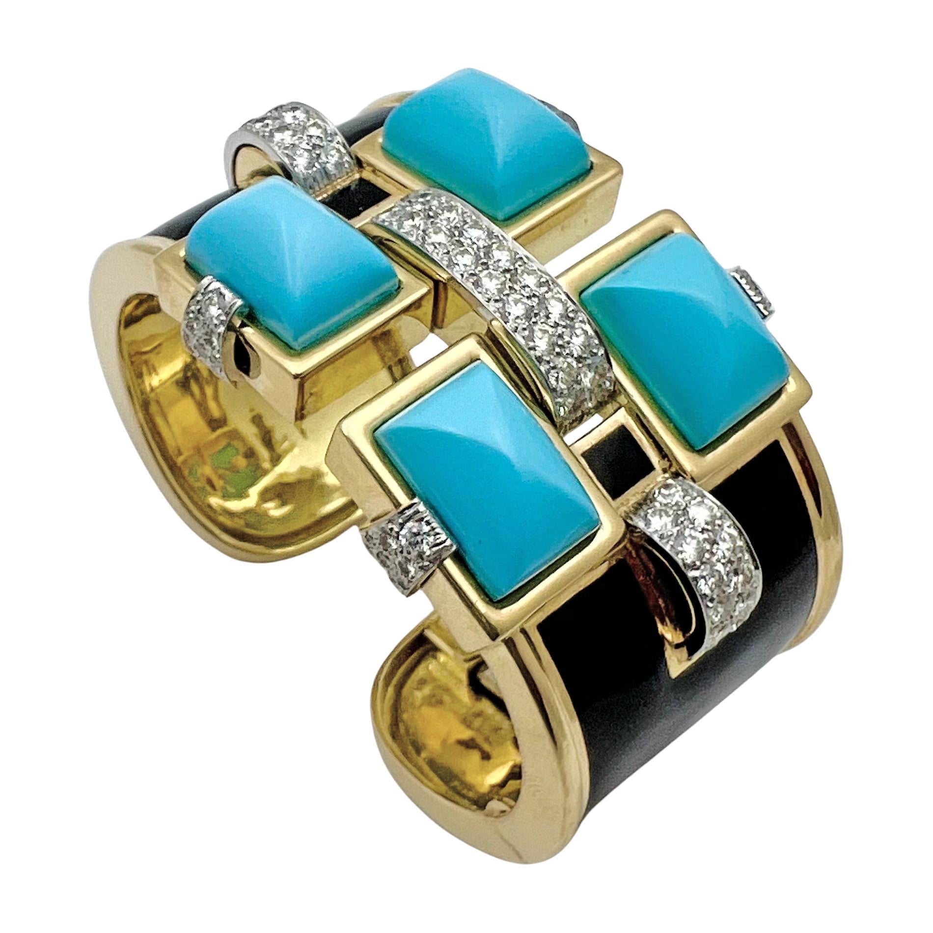 David Webb - Turquoise Diamond Black Enamel Bastille Cuff Bracelet