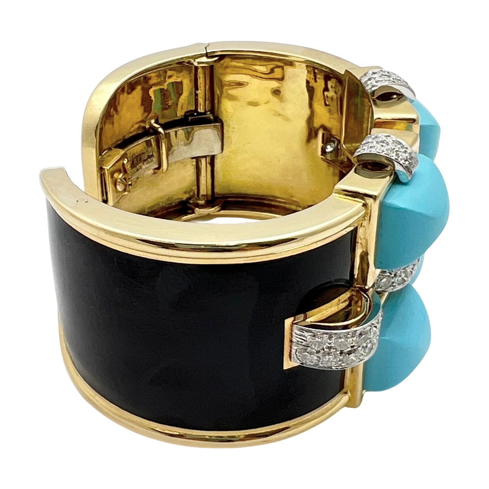 David Webb - Turquoise Diamond Black Enamel Bastille Cuff Bracelet