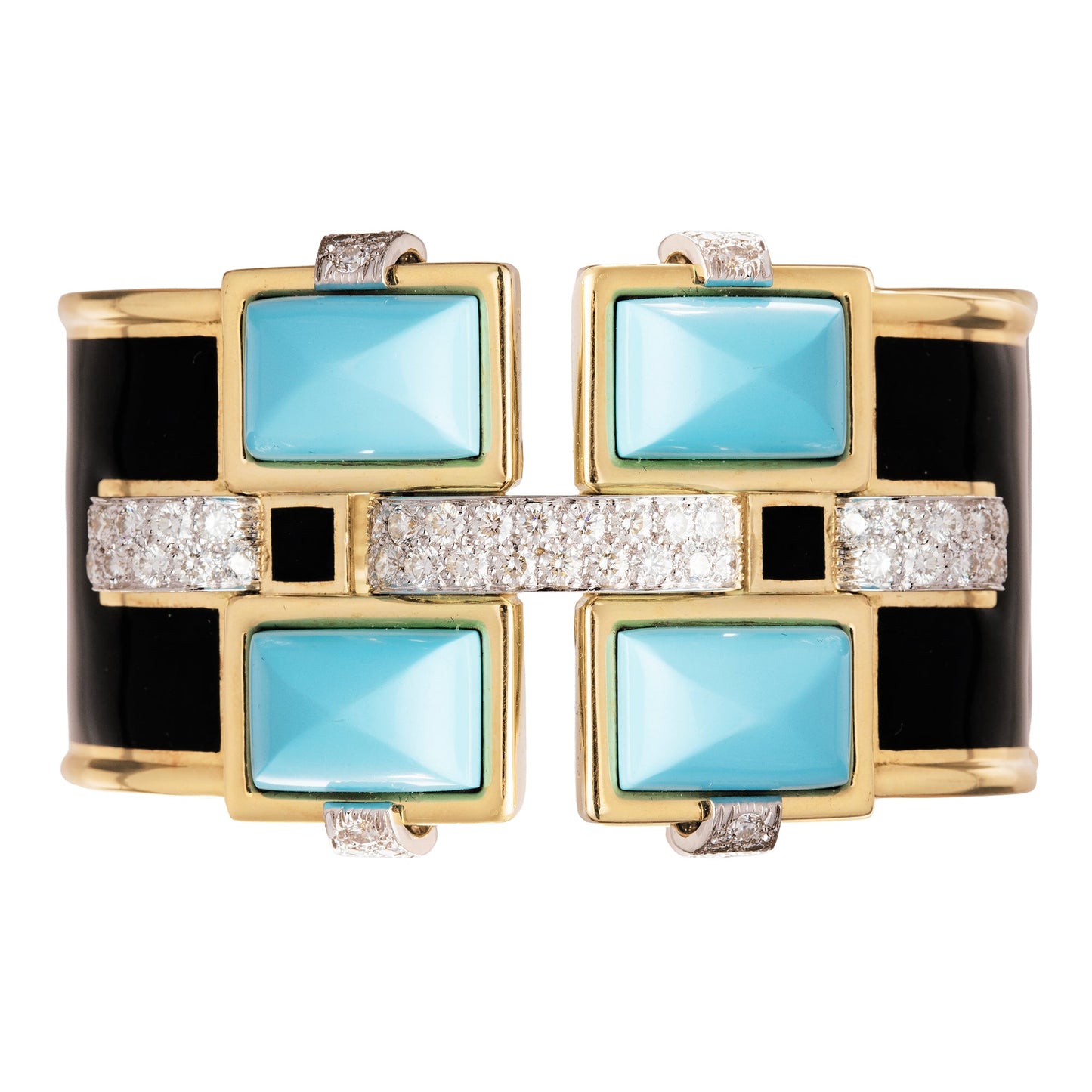 David Webb - Turquoise Diamond Black Enamel Bastille Cuff Bracelet