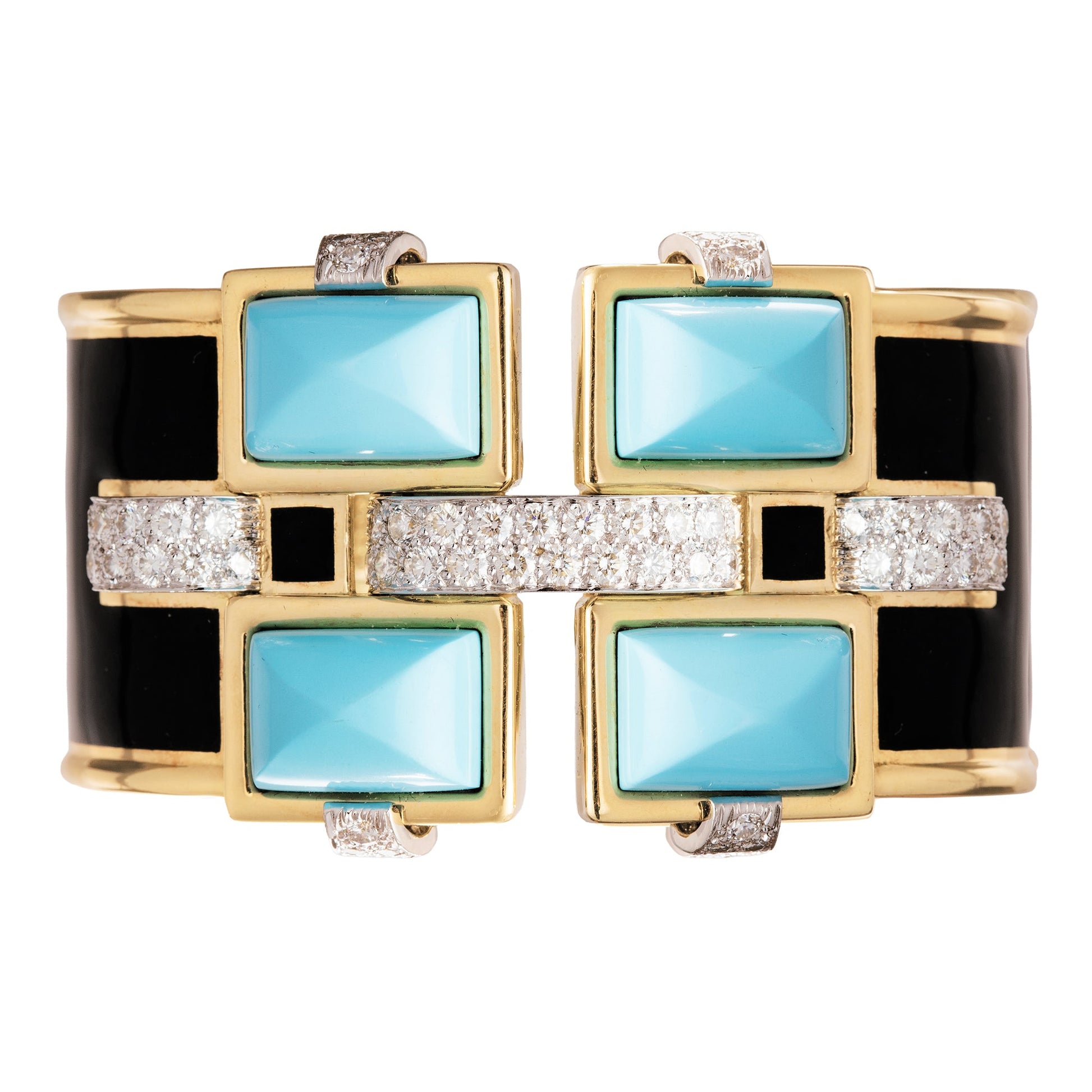 David Webb - Turquoise Diamond Black Enamel Bastille Cuff Bracelet