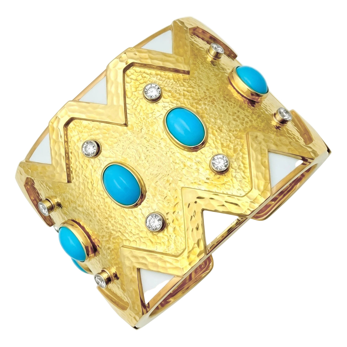 18k Gold Turquoise Diamond Enamel Rickrack Cuff Bracelet