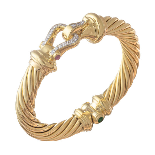 David Yurman - 18k Yellow Gold Diamond Gem - Set Buckle Cable Bangle