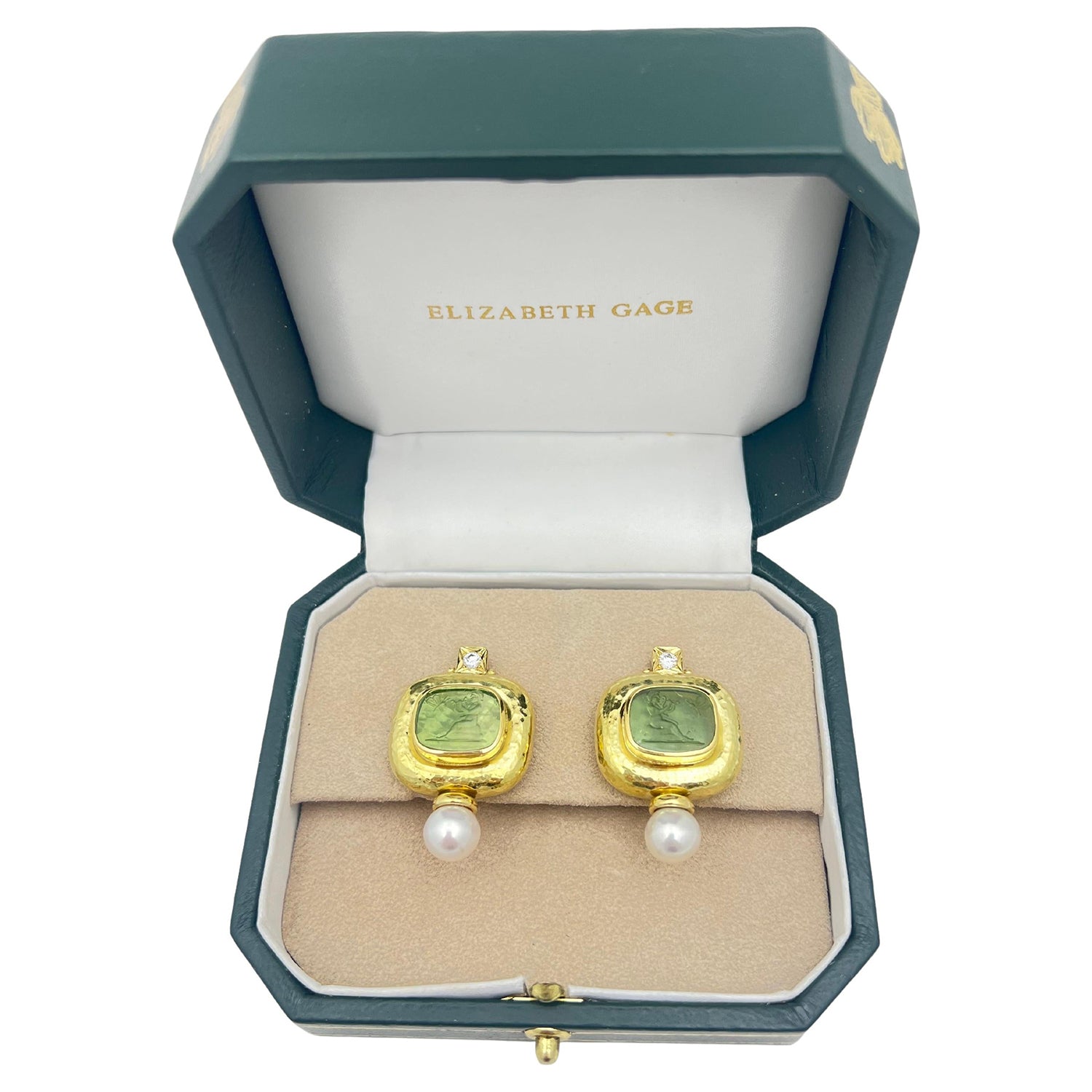 Elizabeth Gage - 18k Gold Venetian Glass Intaglio Diamond Pearl Valois Earrings