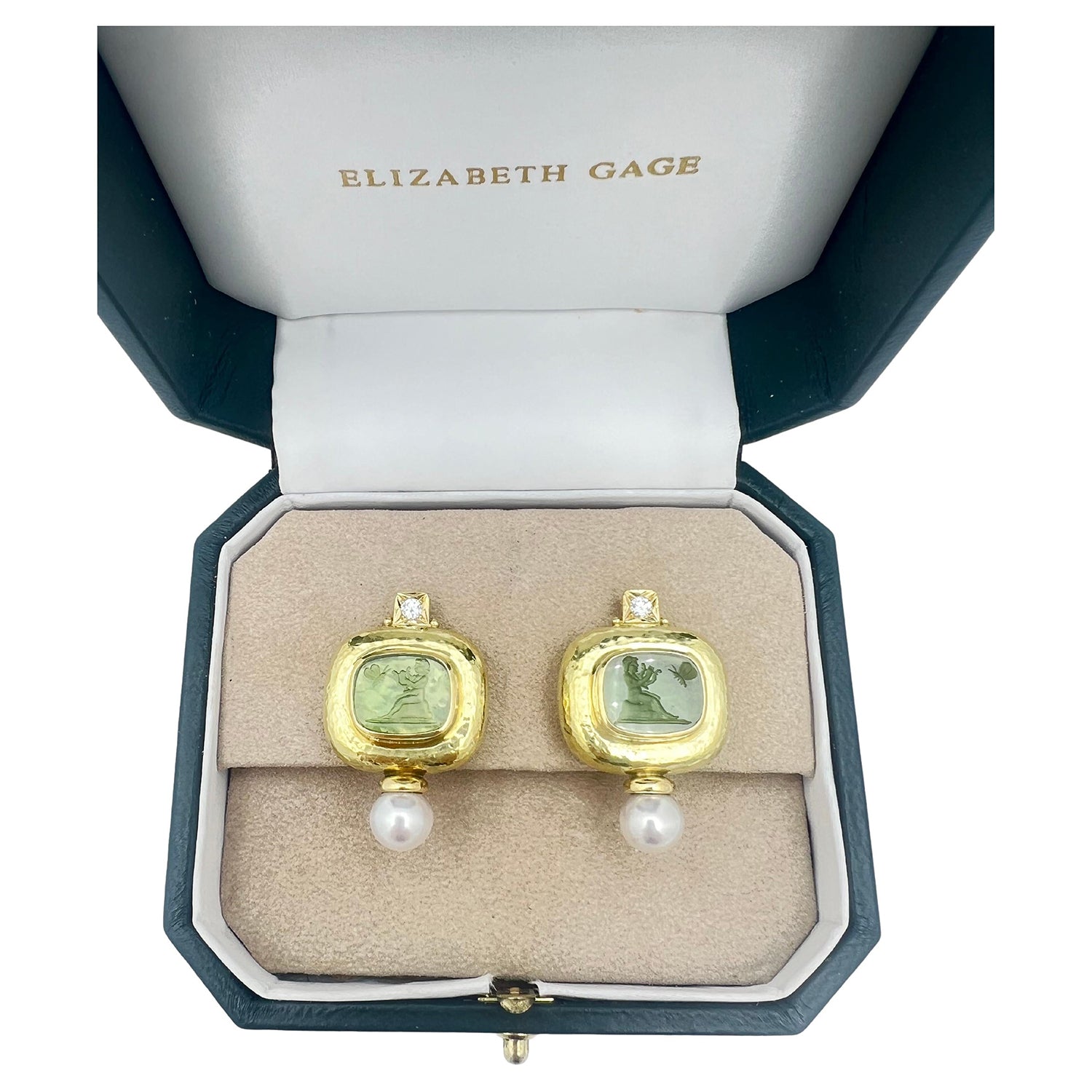 Elizabeth Gage - 18k Gold Venetian Glass Intaglio Diamond Pearl Valois Earrings