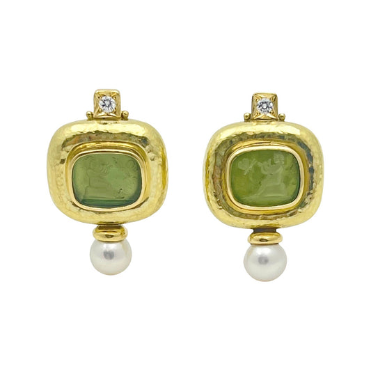 Elizabeth Gage - 18k Gold Venetian Glass Intaglio Diamond Pearl Valois Earrings
