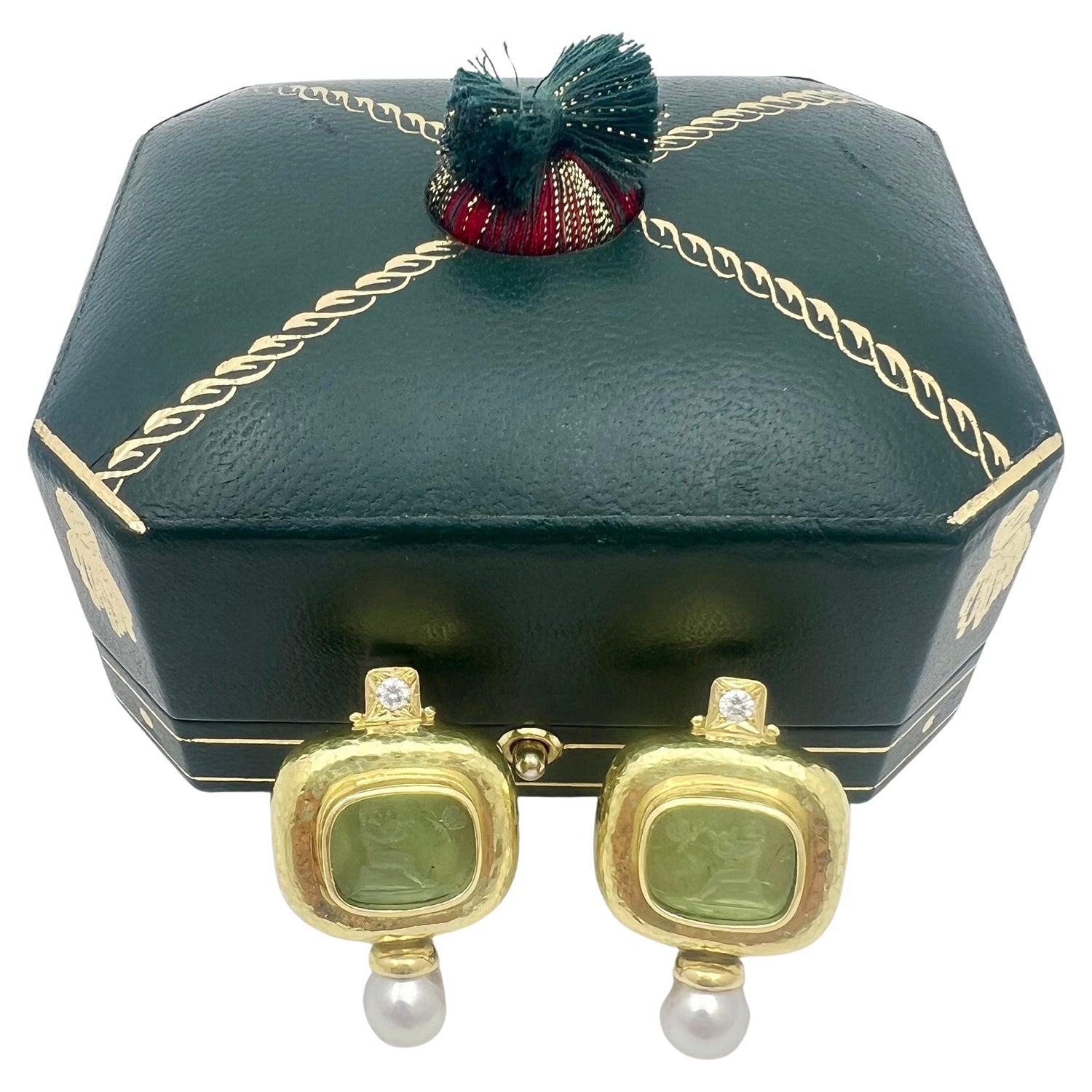 Elizabeth Gage - 18k Gold Venetian Glass Intaglio Diamond Pearl Valois Earrings