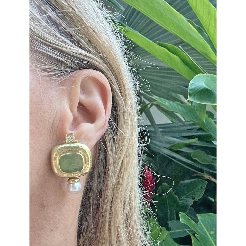 Elizabeth Gage - 18k Gold Venetian Glass Intaglio Diamond Pearl Valois Earrings