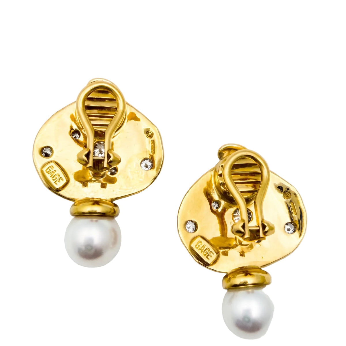 Elizabeth Gage - 18k Yellow Gold Pearl Diamond Drop Earrings