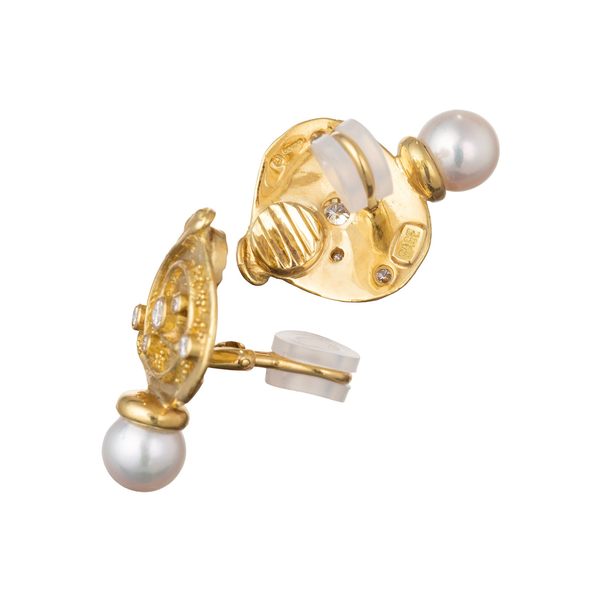 Elizabeth Gage - 18k Yellow Gold Pearl Diamond Drop Earrings
