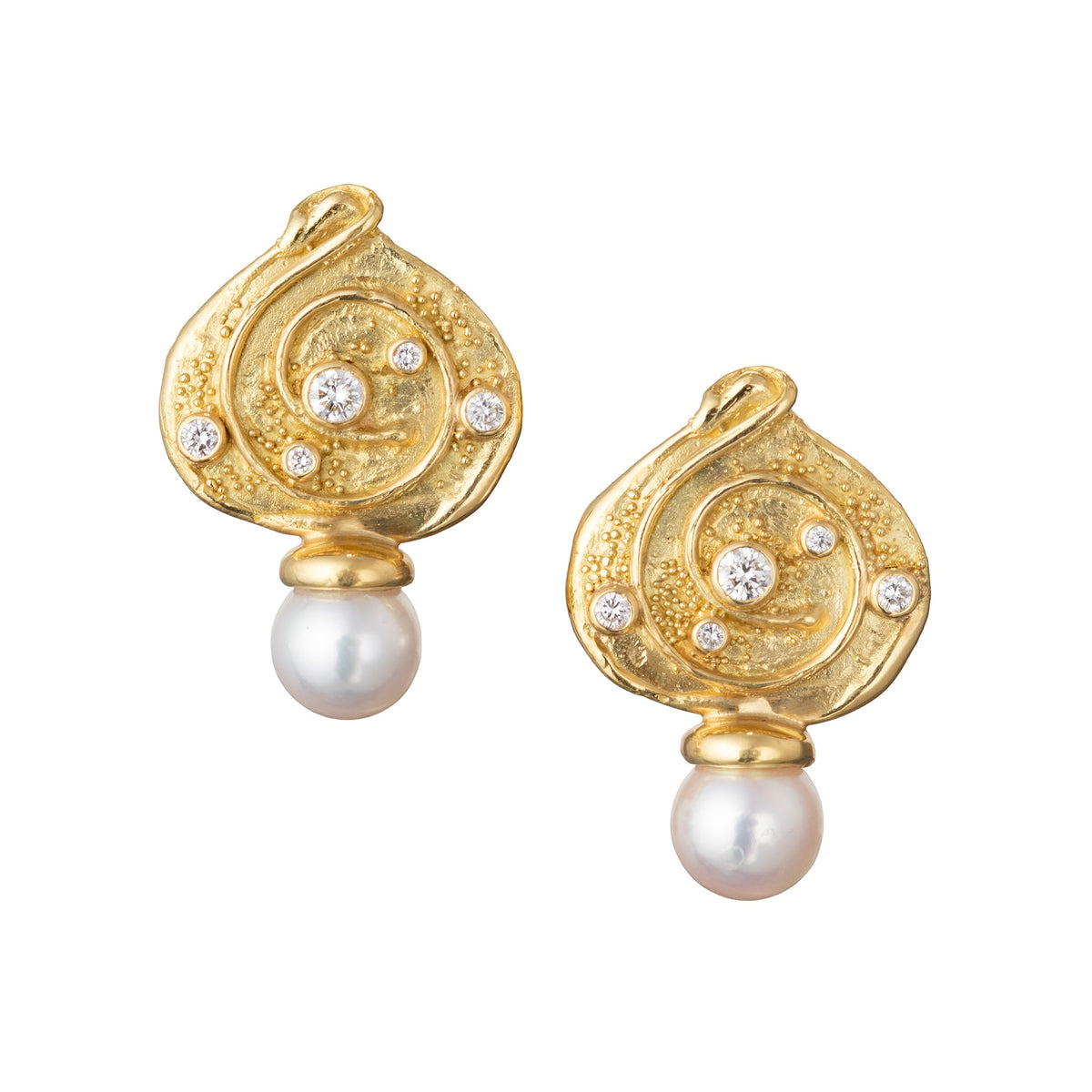 Elizabeth Gage - 18k Yellow Gold Pearl Diamond Drop Earrings
