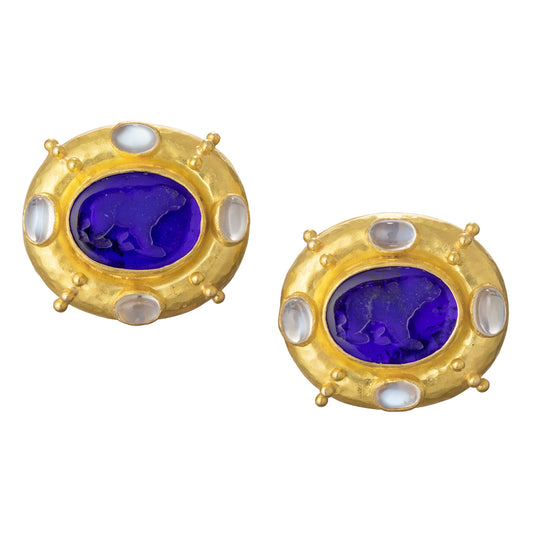 Elizabeth Locke - 18k Gold Blue Venetian Glass Intaglio Moonstone Earrings