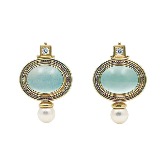 Elizabeth Locke - 18k Gold Cabochon Aquamarine Diamond Pearl Valois Earrings