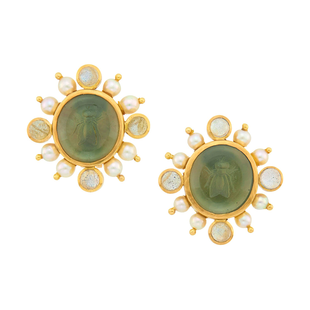 Elizabeth Locke - 18k Yellow Gold Green Glass Bee Intaglio Earrings