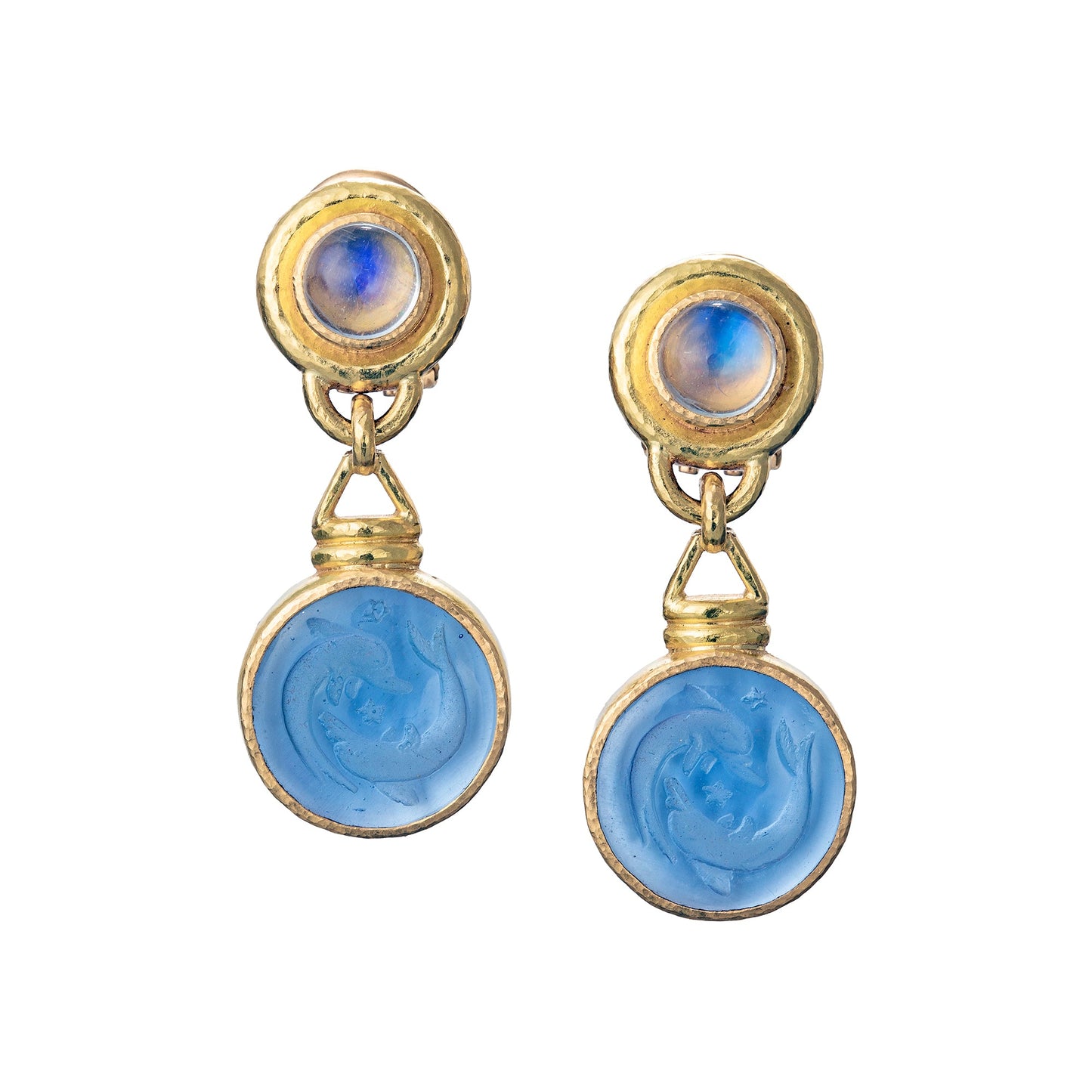 Elizabeth Locke - 19k Gold Blue Venetian Glass Intaglio Moonstone Earrings
