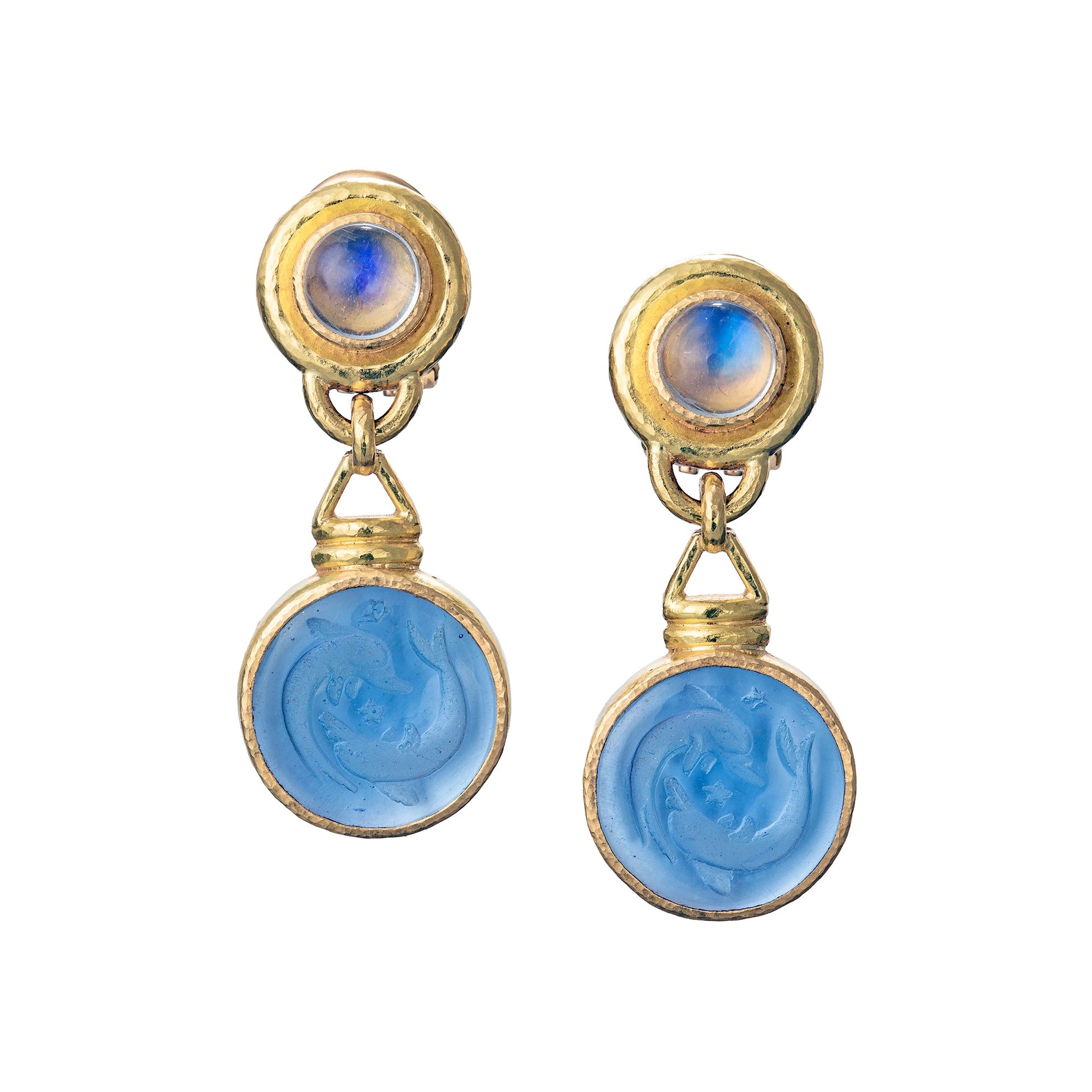 Elizabeth Locke - 19k Gold Blue Venetian Glass Intaglio Moonstone Earrings
