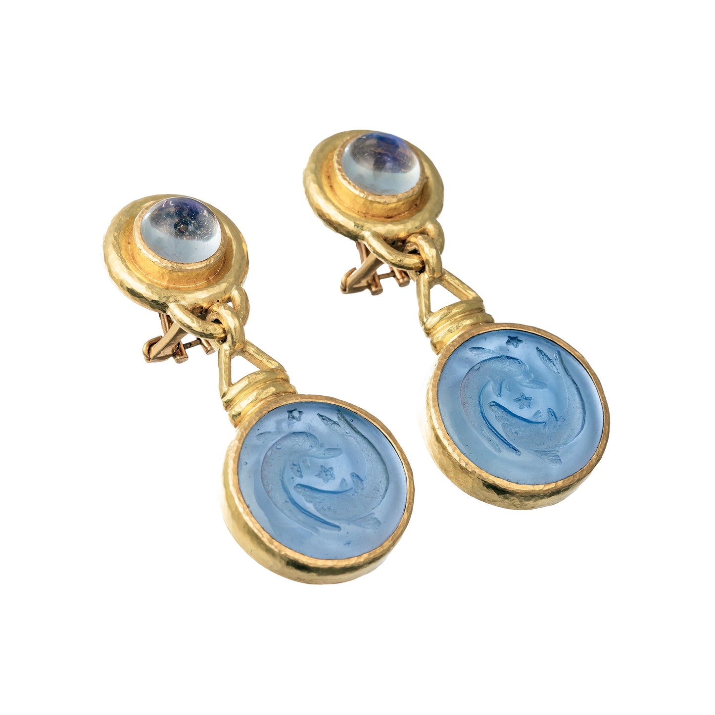 Elizabeth Locke - 19k Gold Blue Venetian Glass Intaglio Moonstone Earrings