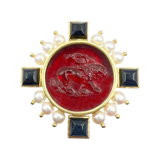Elizabeth Locke - 19k Gold Venetian Red Glass Pearl Onyx Cupid Pendant Brooch