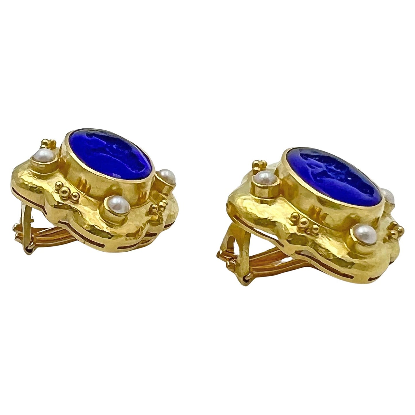 Elizabeth Locke - 19k Yellow Gold Dark Blue Bear Intaglio Pearl Earrings