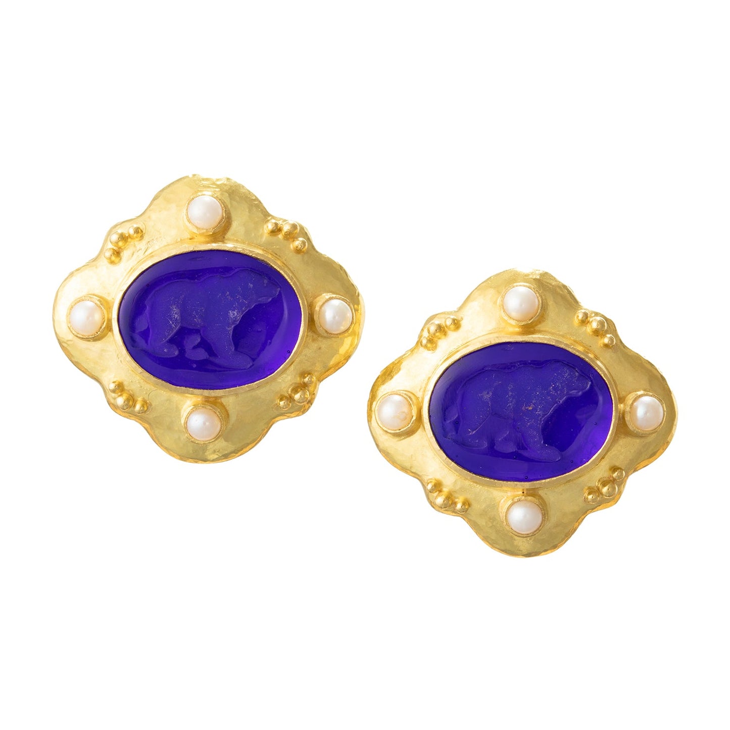 Elizabeth Locke - 19k Yellow Gold Dark Blue Bear Intaglio Pearl Earrings