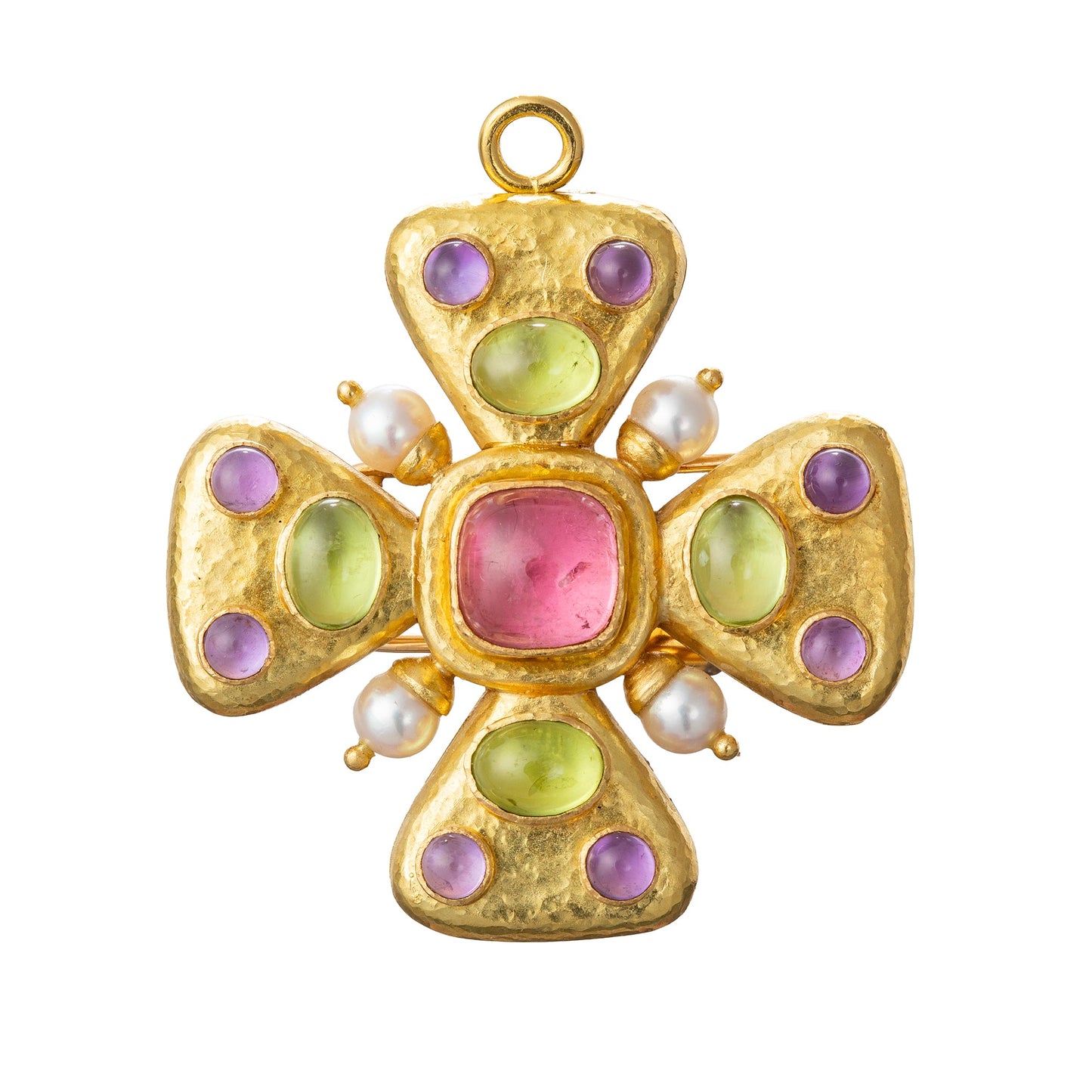 Elizabeth Locke - 19k Yellow Gold Gem - Set Maltese Cross Pendant Brooch