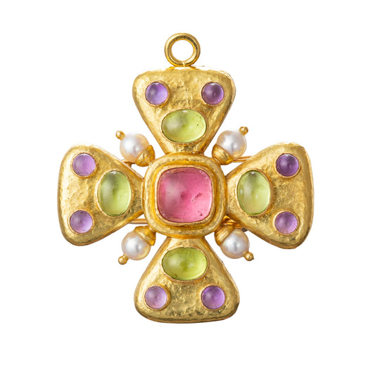 Elizabeth Locke - 19k Yellow Gold Gem - Set Maltese Cross Pendant Brooch