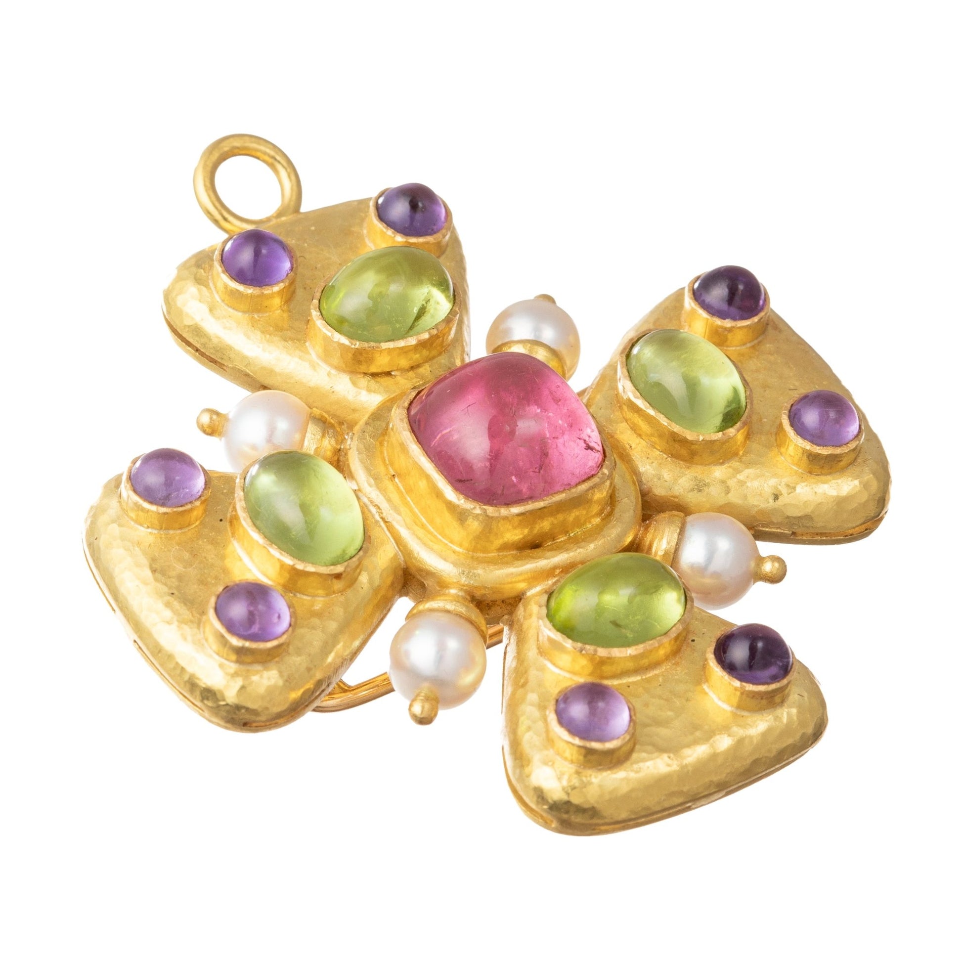 Elizabeth Locke - 19k Yellow Gold Gem - Set Maltese Cross Pendant Brooch