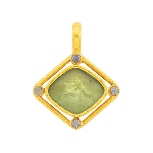 Elizabeth Locke - Estate 19k Yellow Gold Labradorite Green Glass Intaglio Pendant