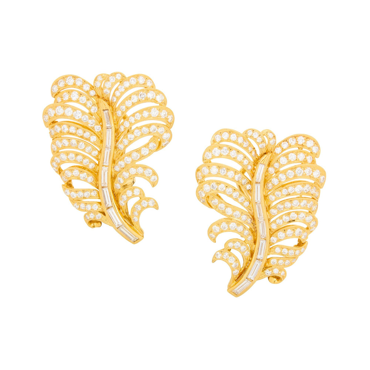 Estate Collection - 18k Yellow Gold Diamond Feather Earrings