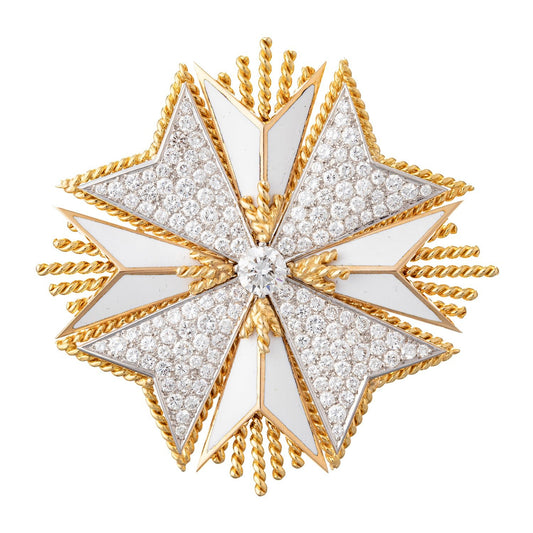 Estate Collection - 18k Yellow Gold White Enamel Diamond Maltese Cross Brooch