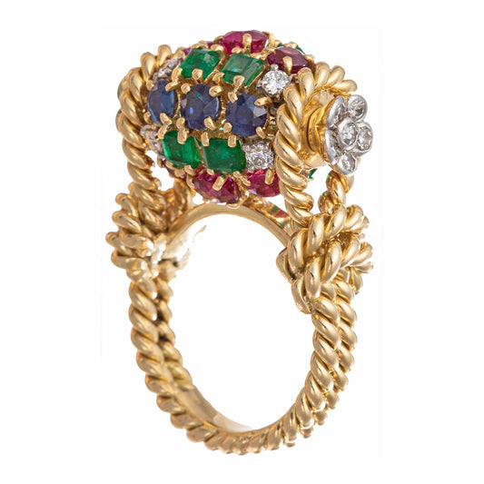 Estate Collection - 1960s Ruby Sapphire Emerald Diamond Cocktail Ring