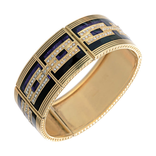 Estate Collection - Antique French Yellow Gold Enamel Diamond Panel Bracelet