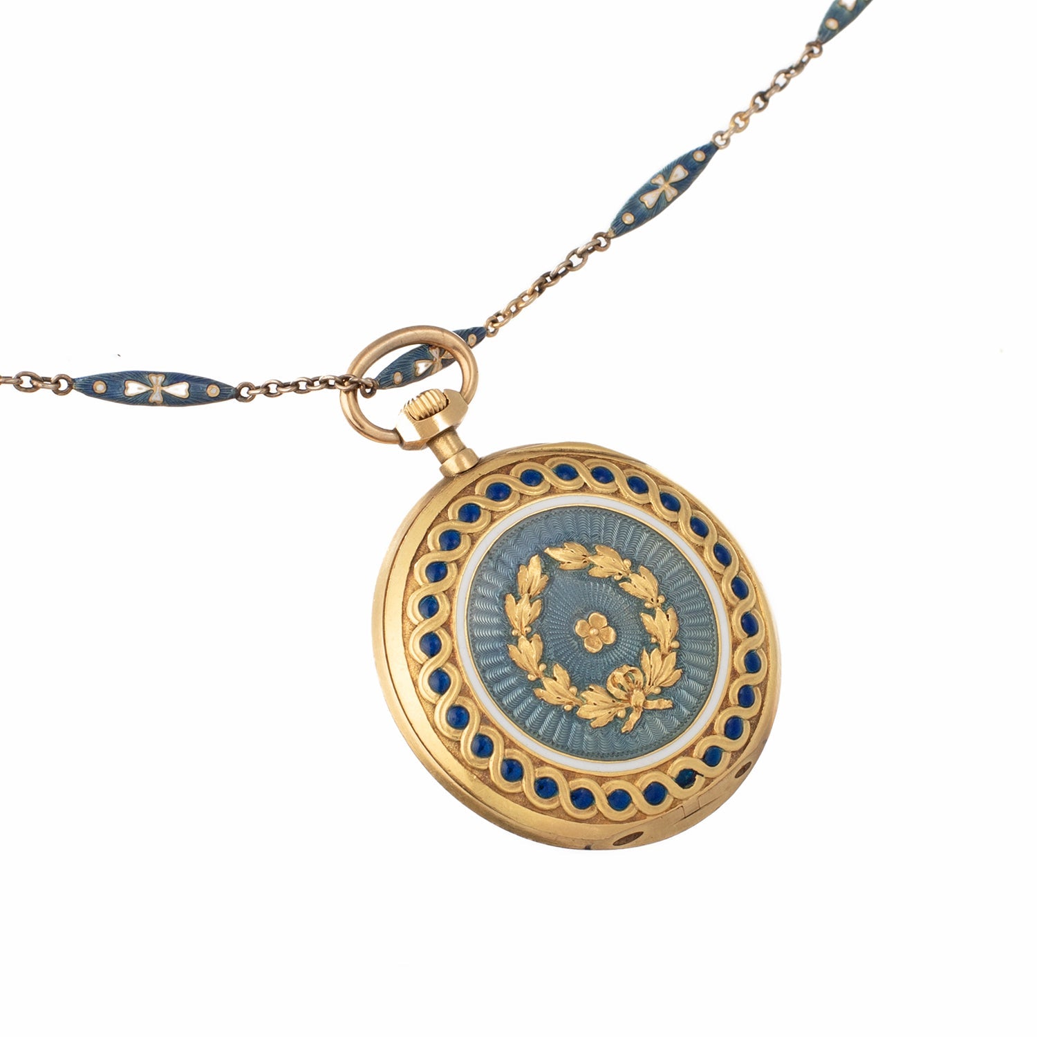 Estate Collection - Antique Gold Blue Enamel Pendant Watch on Chain